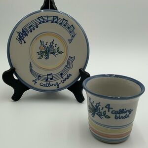Louisville Pottery 4 CALLING BIRDS Punch Cup & Saucer 12 Days of Christmas